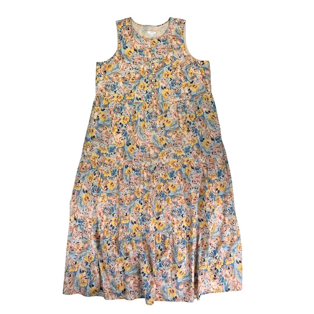 J.Jill L 100% Cotton Floral Tiered Maxi Dress Sleeveless Boho Button Lined